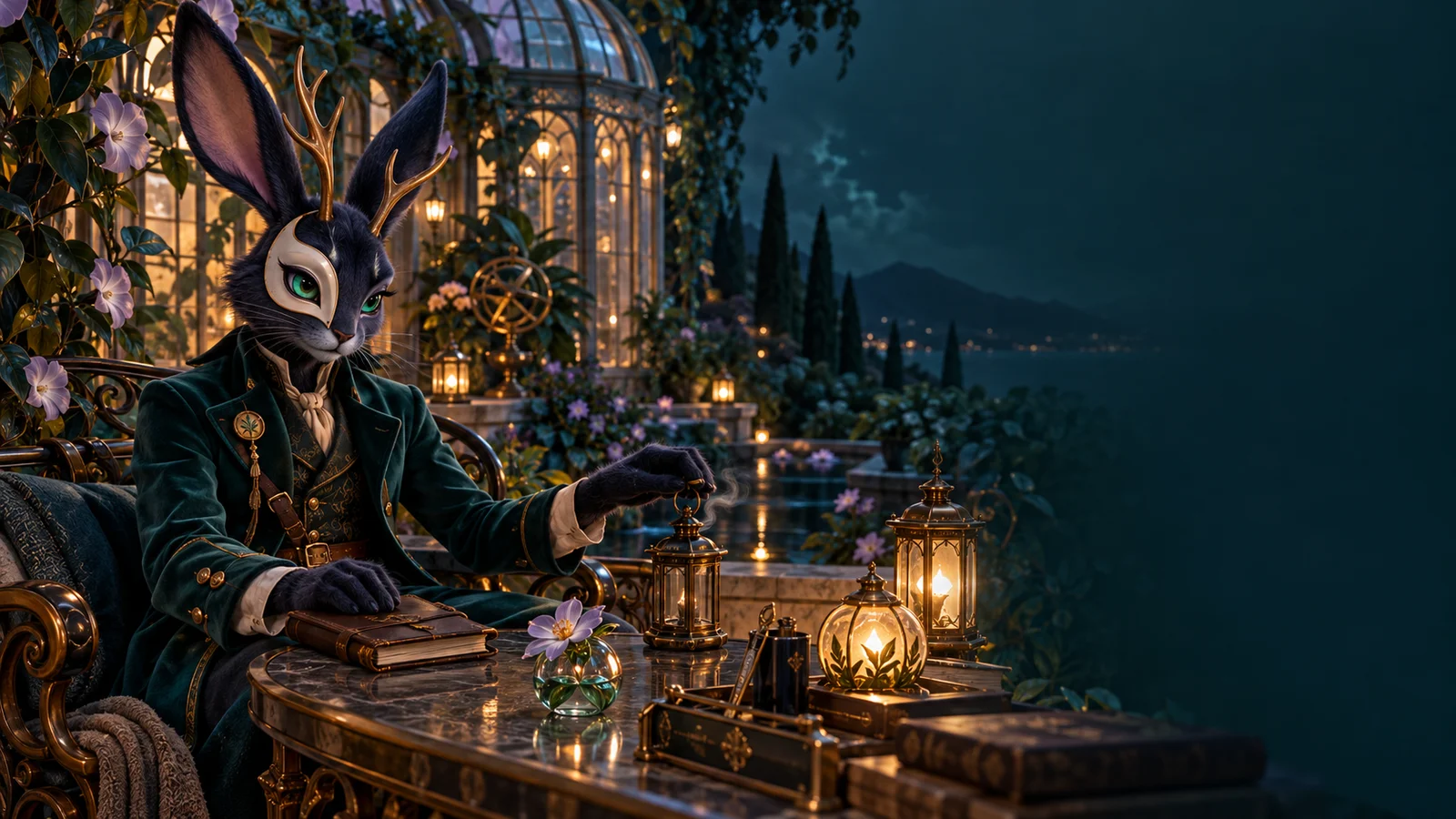 Vesper closes his field notebook at a lantern-lit conservatory desk