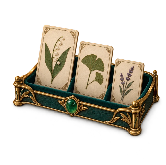 A brass-trimmed field tray holding three botanical cards